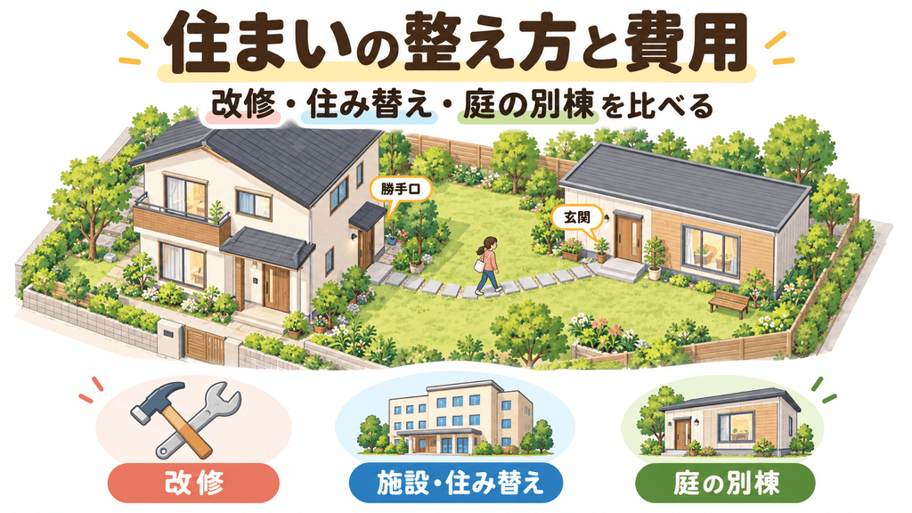 母屋の庭に設置した別棟の介護ハウスを俯瞰した図。母屋から飛び石の通路で行き来でき、下部に母屋の改修・施設・庭の別棟の3つの選択肢のアイコン