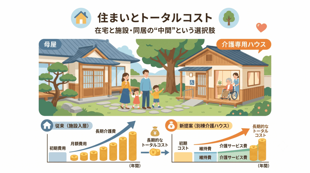 庭に設置する別棟の介護専用ハウスと長期的な費用の考え方を示す図