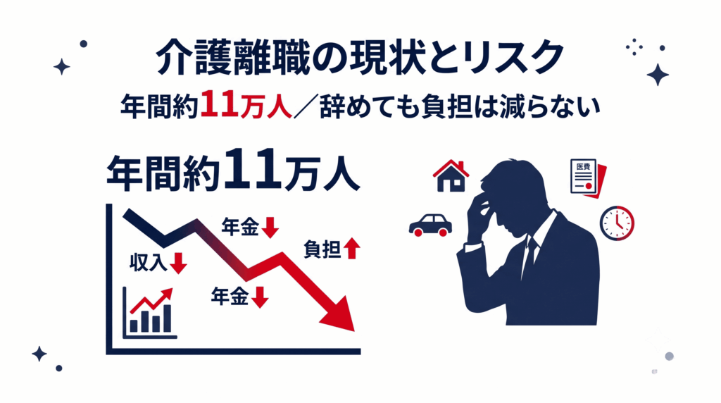 年間約11万人の介護離職を示すグラフと悩む会社員のイラスト