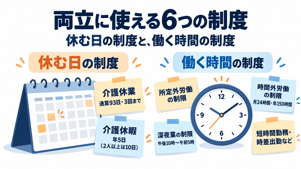 カレンダーに介護休業と介護休暇、時計に所定外労働・時間外労働・深夜業の制限と短時間勤務などを配置し、6つの制度を2つに分けて示した図