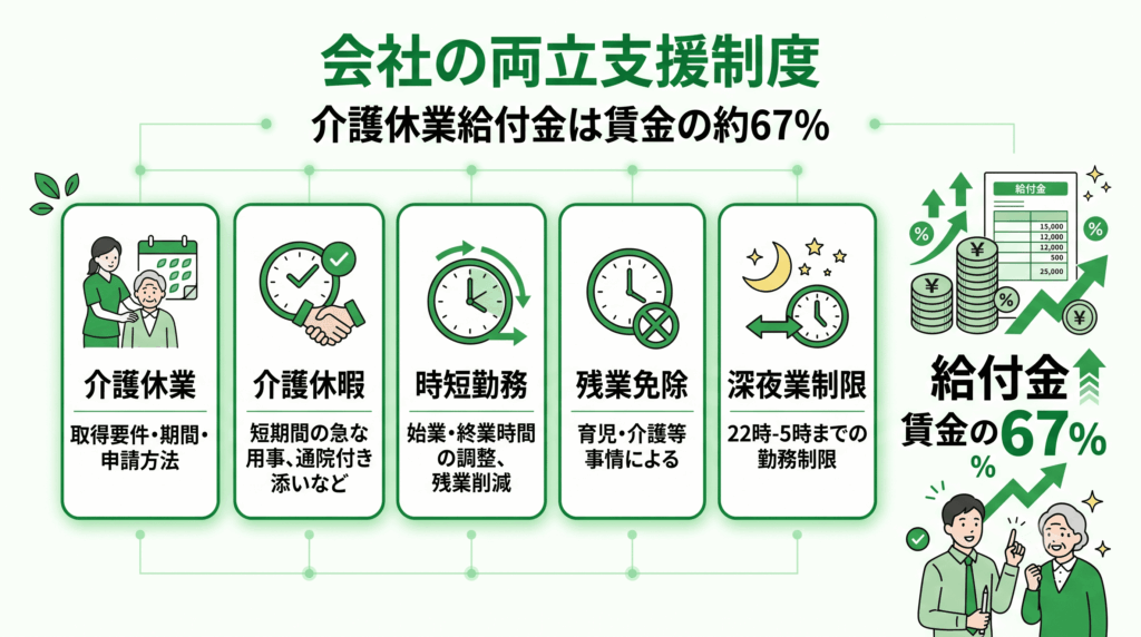 5つの両立支援制度と介護休業給付金を示す図解