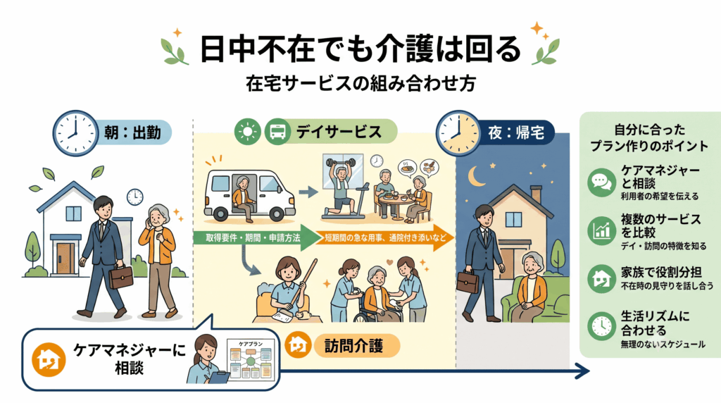 出勤・デイサービス・帰宅の1日の流れを示すタイムライン図