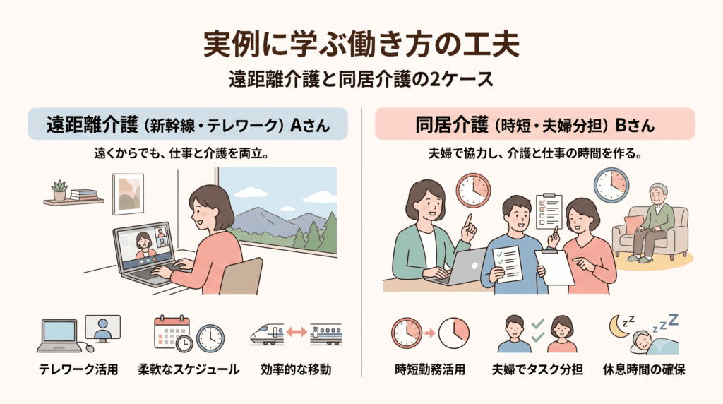 遠距離介護と同居介護の2つの両立事例を比較したイラスト