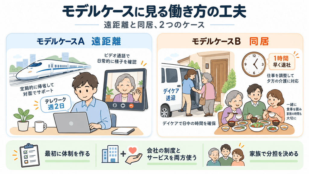 遠距離介護のモデルケースAと同居介護のモデルケースBを2枚のカードで比べ、共通点を3つ示したイラスト