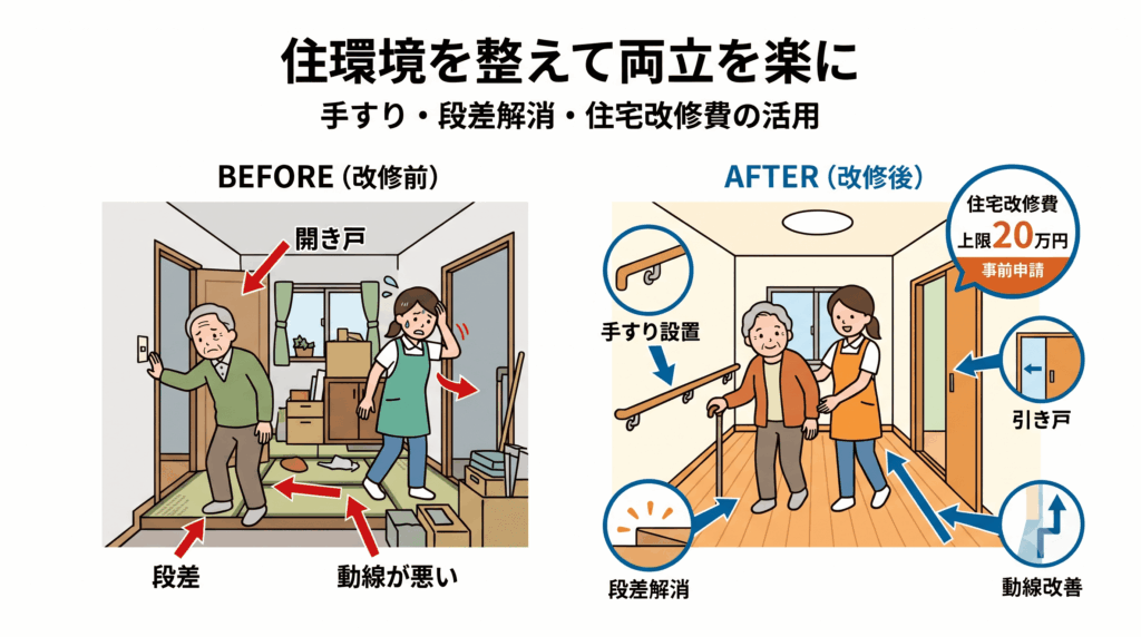 手すりや段差解消など介護しやすい住環境の改修ポイントを示す図