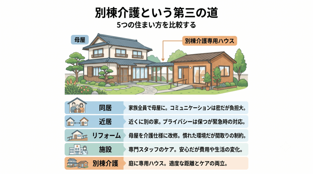 母屋の庭に設置した別棟の介護ハウスと住まい方の比較イラスト