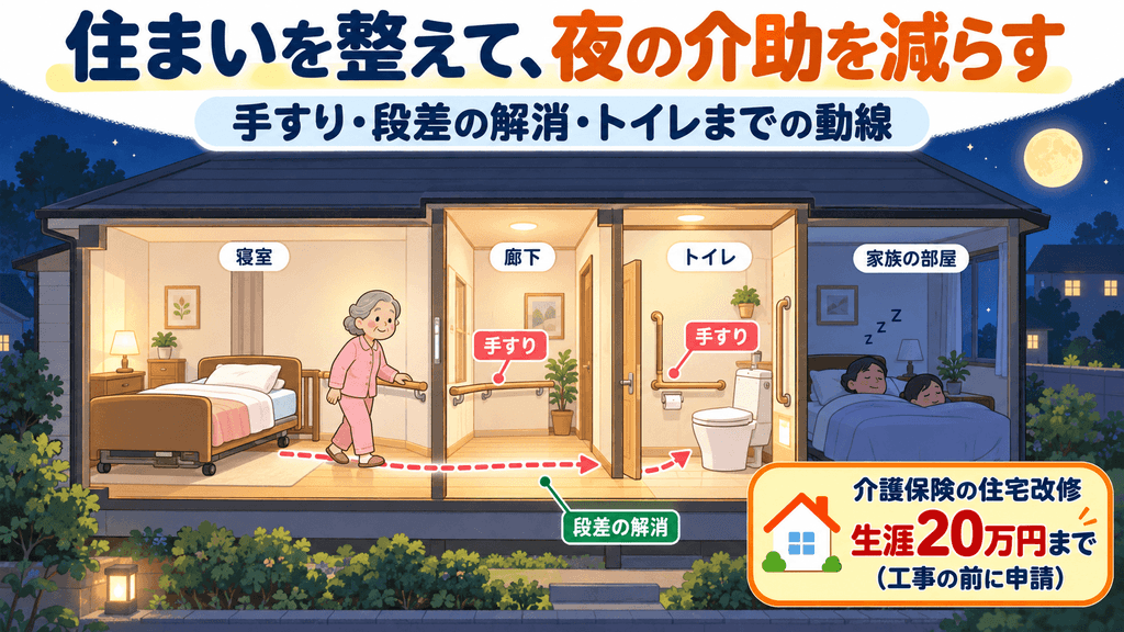 手すりと段差の解消でベッドからトイレまでの動線を短くし、親が夜に一人でトイレへ行ける家の断面図。住宅改修は生涯20万円まで