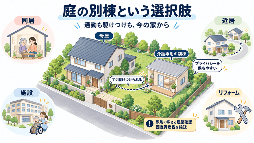母屋と庭に設置した別棟の介護専用ハウスを短い点線でつないだ敷地の俯瞰図と、同居・近居・施設・リフォームの比較アイコン