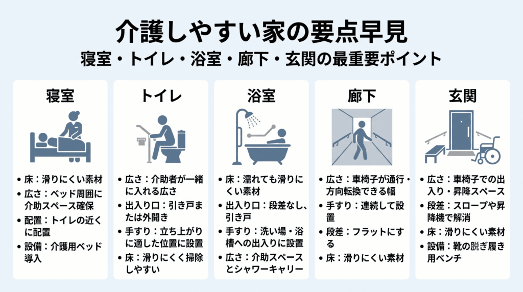 介護しやすい家の場所別要点を一覧にした早見表の画像