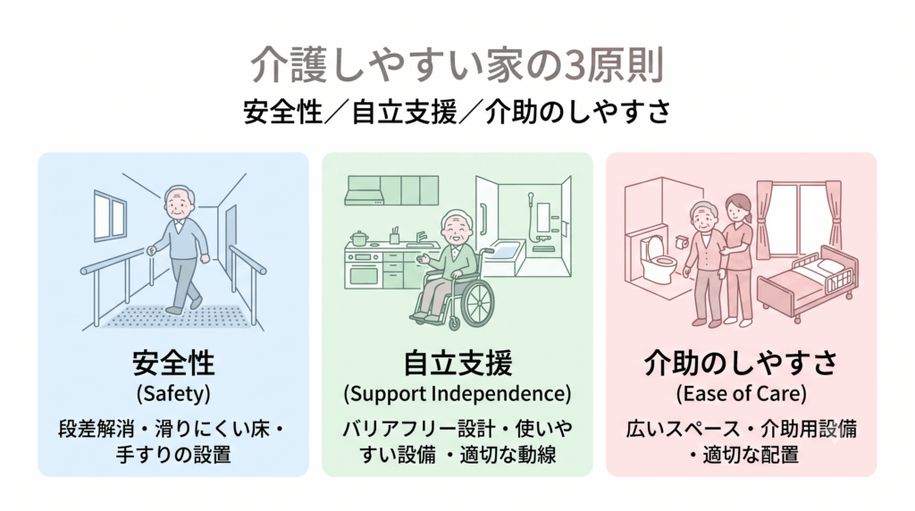 介護しやすい家の3原則をアイコンで示した図解画像