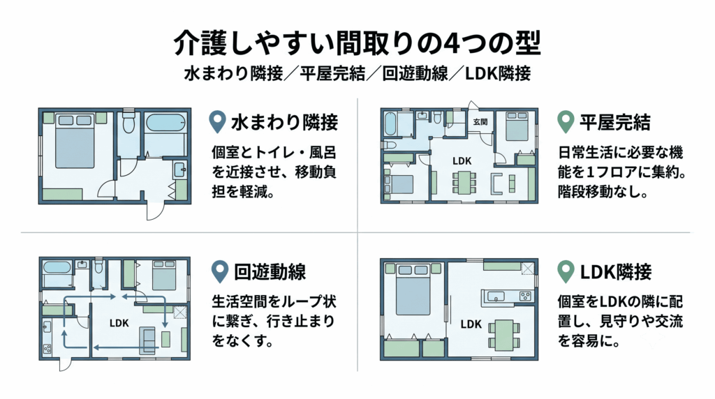 介護しやすい間取りの4つの型を間取り図で比較した画像