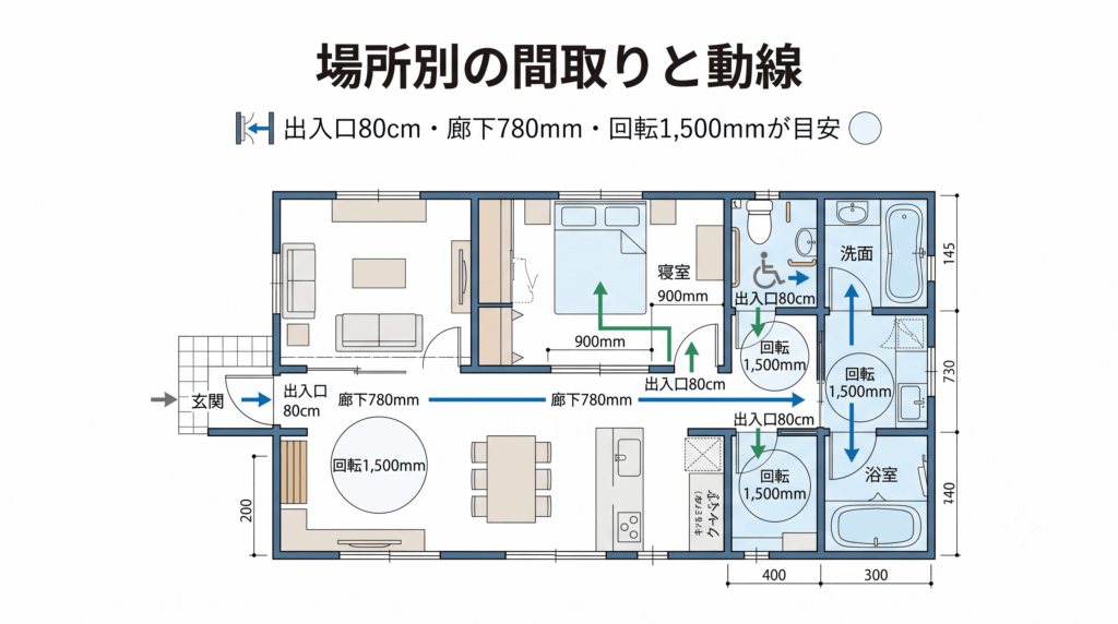 介護しやすい家の場所別の間取りと寸法目安を示した平面図画像