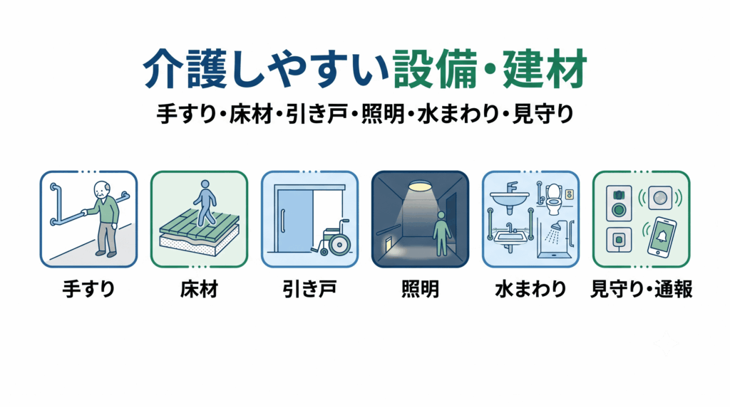 介護しやすい家の設備・建材を機能別にアイコンで示した画像