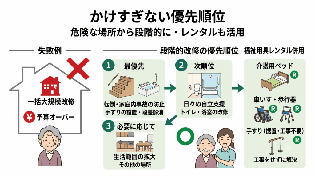 介護リフォームの優先順位とかけすぎない考え方を示したフロー図画像
