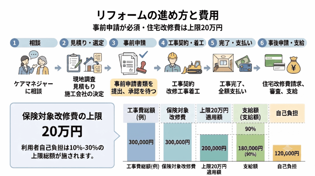 介護リフォームの進め方・費用相場・補助金を整理した図解画像