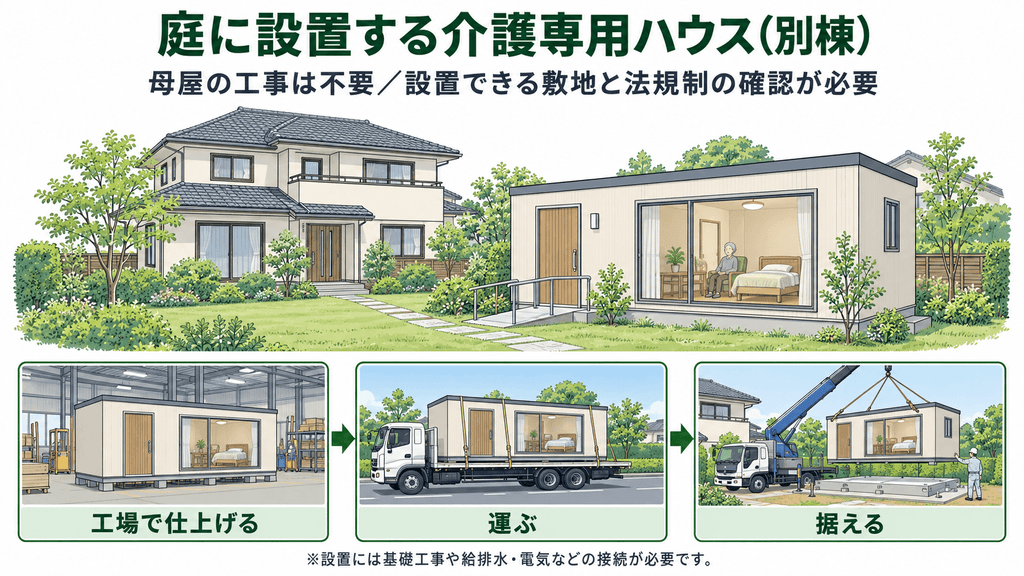 母屋の庭に設置した介護専用の別棟と、その設置の流れを示した図解