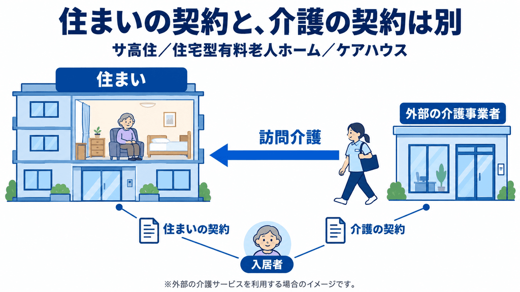 住まいと介護を別々に契約する住宅系の仕組みを示した図解