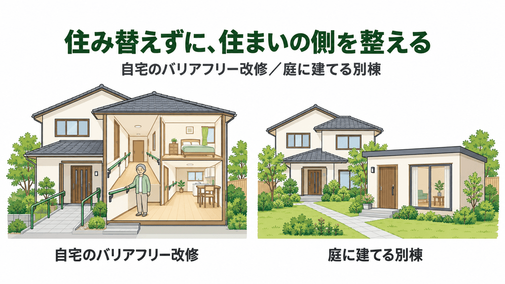 自宅の改修と庭の別棟という在宅継続の2つの方法を示した図解