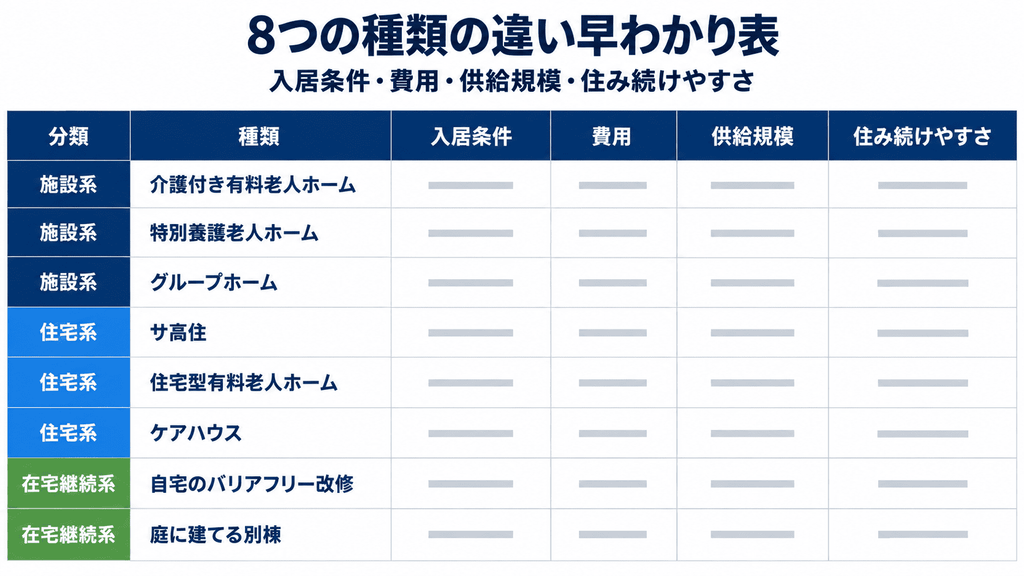 高齢者向け住宅8種類を入居条件や費用で比較した一覧表