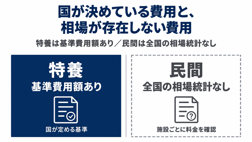 国が基準額を定めている費用と、公的な相場統計が存在しない費用を対比した図解
