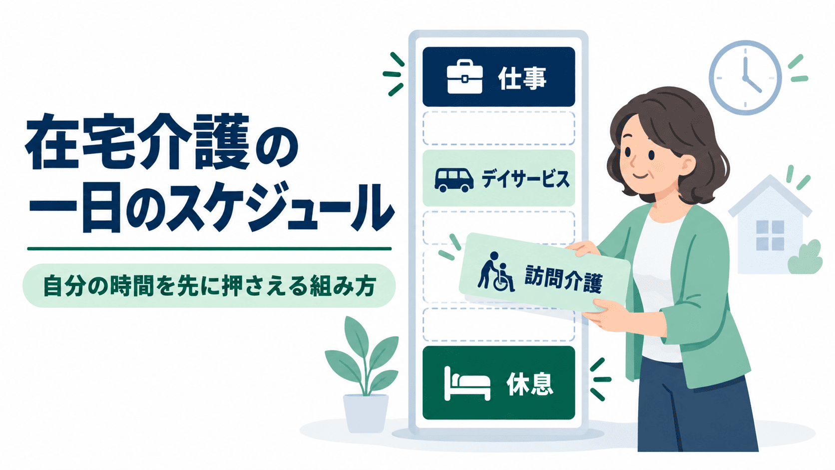 仕事と休息を先に置き、空いた時間にデイサービスや訪問介護をはめ込む在宅介護の一日のスケジュールのイメージ