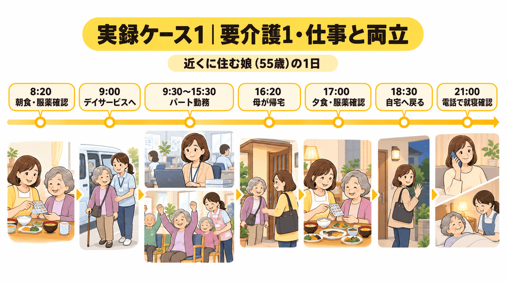 要介護1の母を、パートで働きながら近くから支える娘の1日のタイムライン