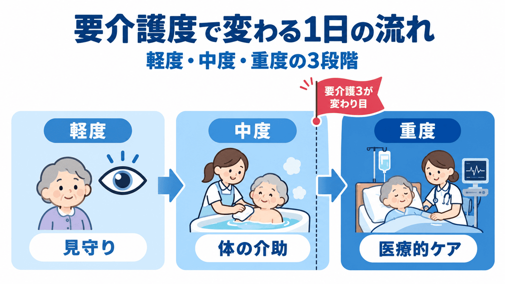 要介護度が軽度・中度・重度と変わるにつれて、見守りから体の介助、医療的ケアへと1日の中心が移る比較図