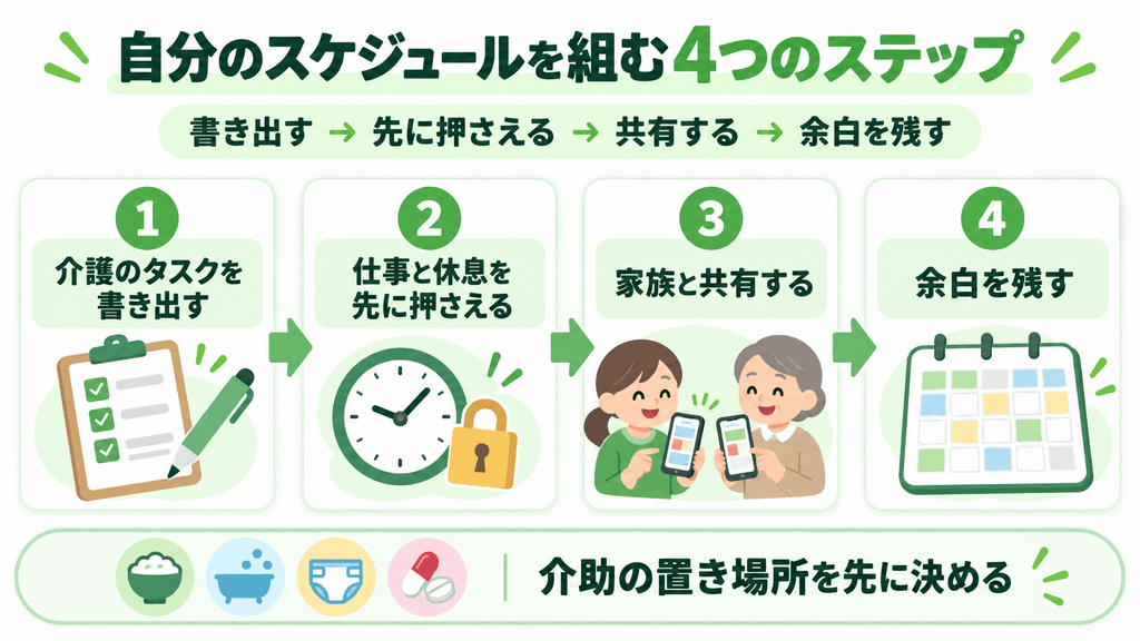 介護のタスクを書き出し、仕事と休息を先に押さえ、家族と共有し、余白を残す、スケジュールの組み方4ステップの図解
