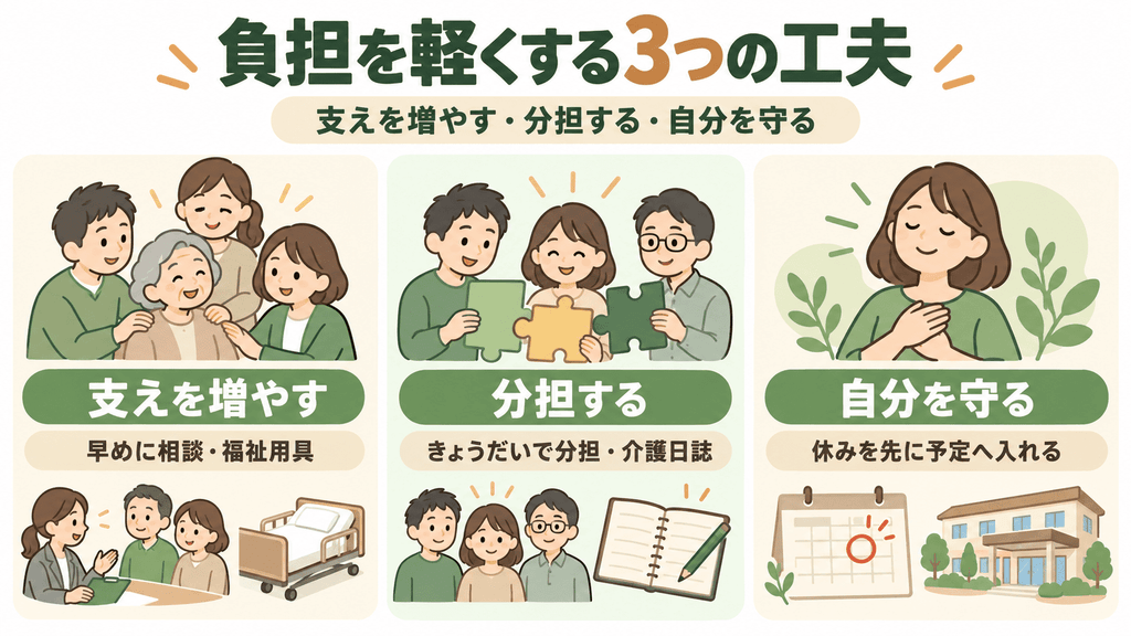 支えを増やす、家族で分担する、自分の休みを先に予定へ入れる、在宅介護の負担を軽くする3つの工夫の図解