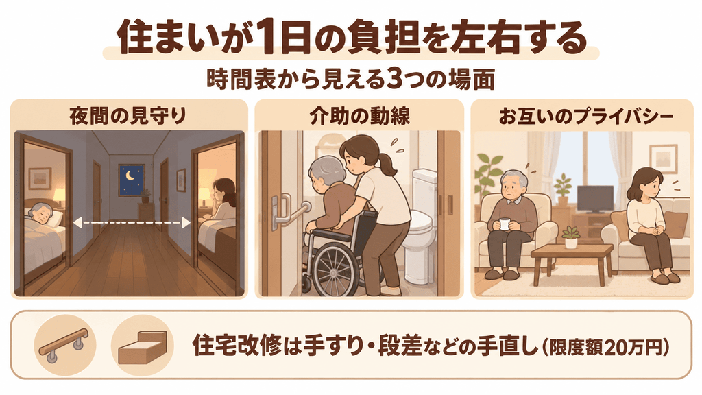 夜間の見守り、介助の動線、お互いのプライバシーの3つの場面で、住まいのつくりが在宅介護の1日の負担を左右することを示す図解