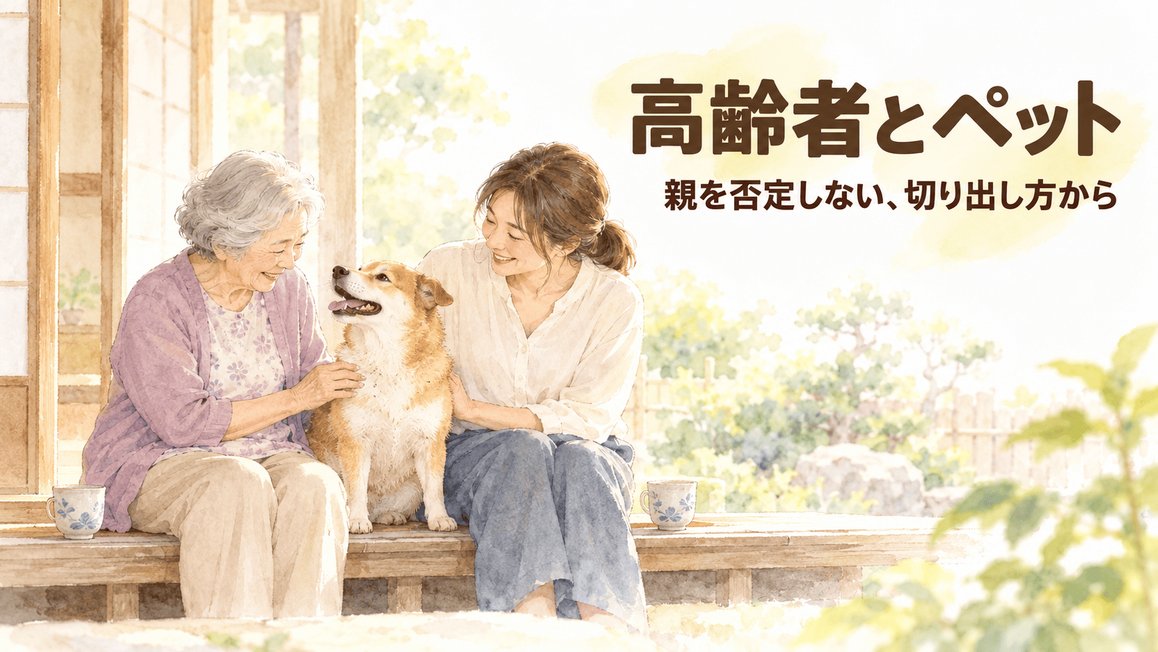 縁側に並んで座る高齢の母親と娘、そのあいだにいる犬の水彩イラストと、『高齢者とペット 親を否定しない、切り出し方から』の見出し