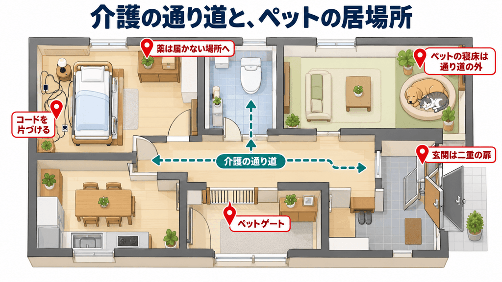 ベッドからトイレ・玄関への介護の通り道と、通り道の外に置いたペットの寝床、5つの安全対策を間取り図に示した図解