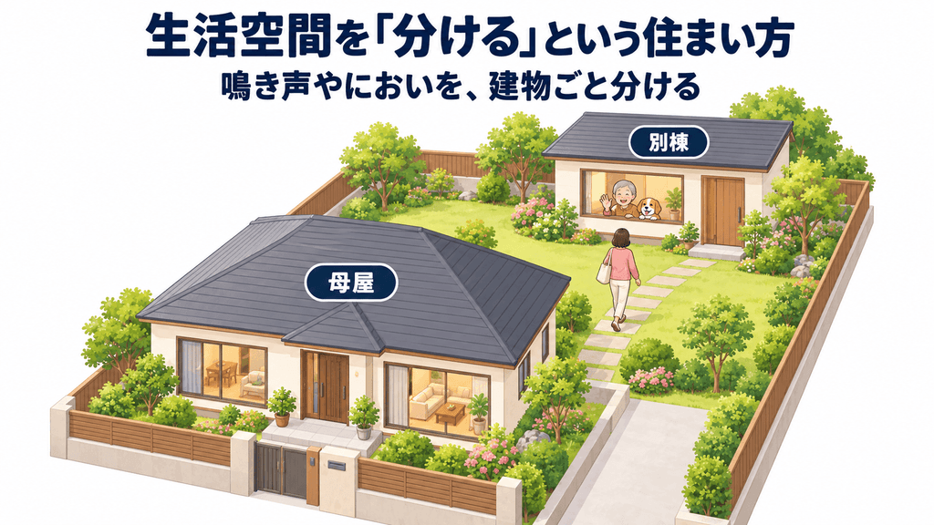 母屋と、庭を挟んで設けた別棟を斜め上から描き、別棟の窓辺に高齢の親と犬、庭の小道を別棟へ歩く娘を示したイラスト