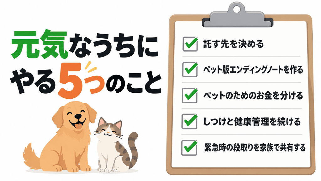 元気なうちにやる5つの準備を、クリップボードのチェックリストで示したイラスト