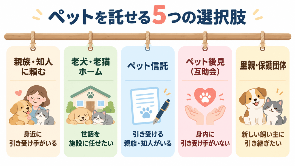 親族・知人、老犬・老猫ホーム、ペット信託、ペット後見、里親・保護団体の5つの託す先と、それぞれが向いているケースを吊り札で示したイラスト