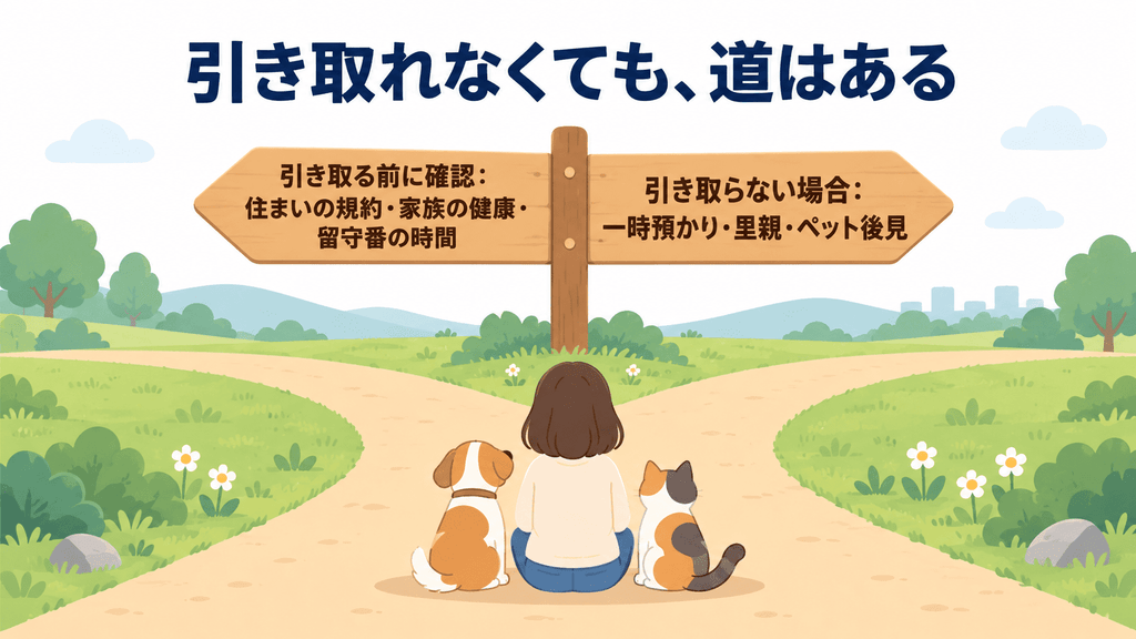 引き取る前に確かめることと、引き取らない場合の3つの道を、分かれ道の道標で示したイラスト