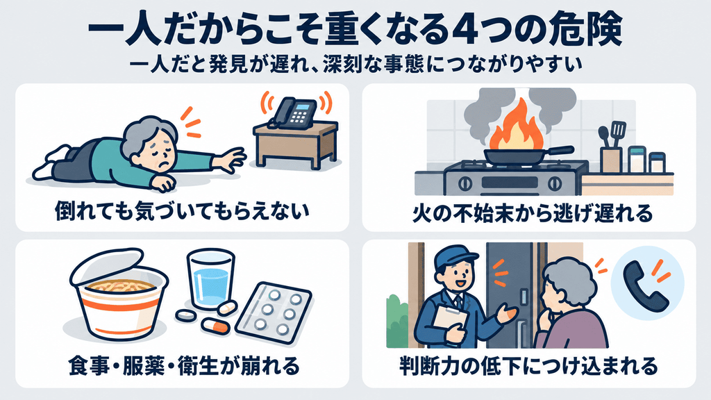 一人暮らしの高齢者に重くなりやすい4つの危険（発見の遅れ・火の不始末・食事や服薬の乱れ・消費者被害）を示す図解