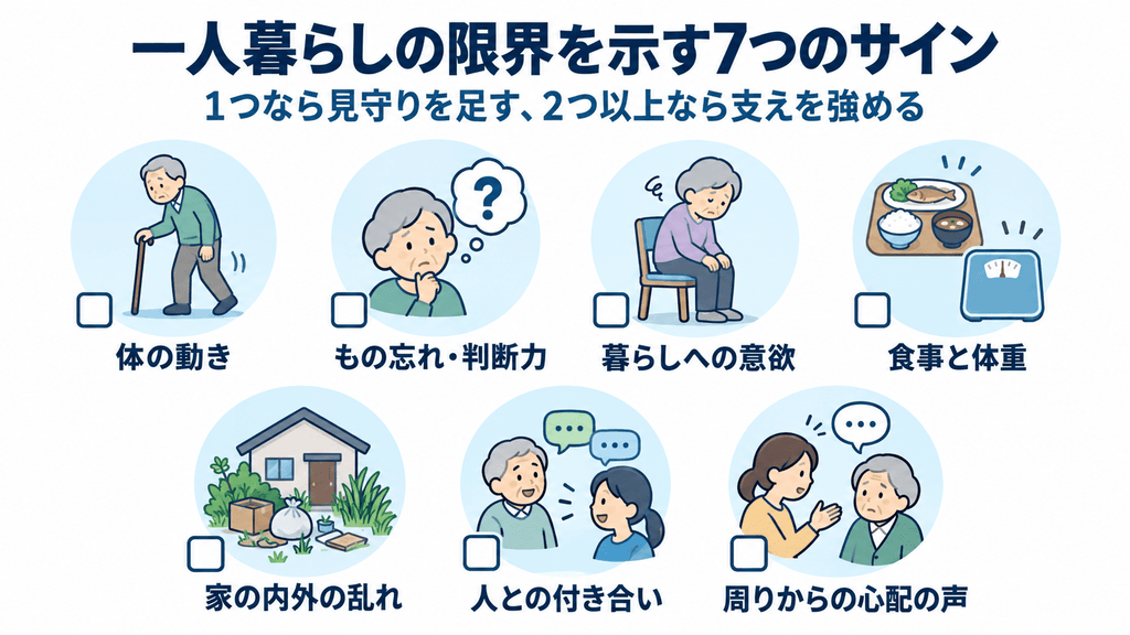 帰省時に確かめたい、親の一人暮らしの限界を示す7つのサインのアイコン一覧