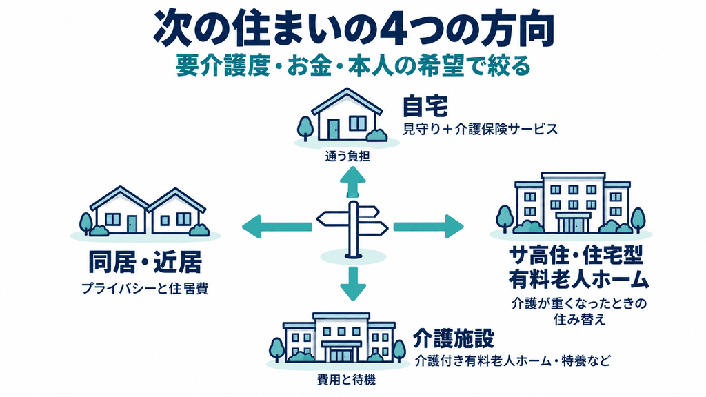 親の次の住まいの4つの方向（自宅・同居や近居・サ高住や住宅型有料老人ホーム・介護施設）を示す分かれ道の図