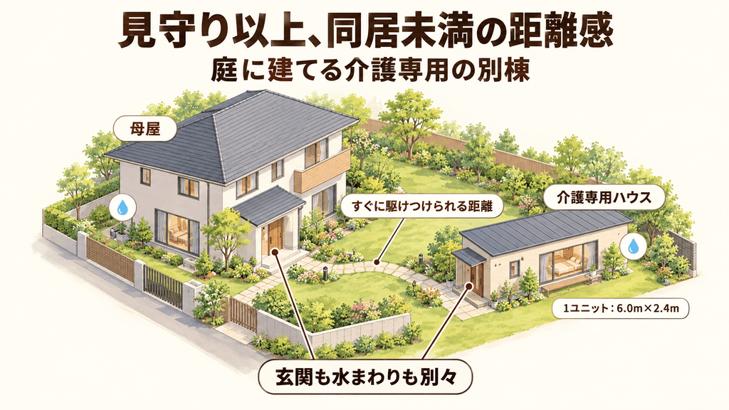 母屋の庭に介護専用の別棟を置き、玄関を分けたまま近くで見守れる敷地内近居のイメージ図