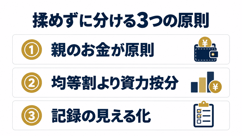 介護費用を兄弟で揉めずに分けるための3つの原則をまとめた図解