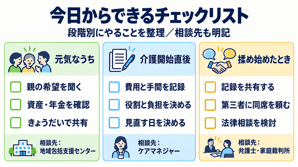 介護費用と役割分担で今日からできることを段階別にまとめたチェックリスト図解