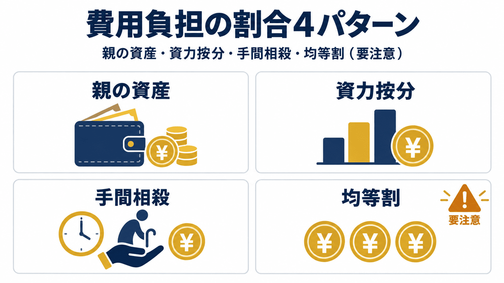 介護費用の負担割合を決める4つのパターンを比較したカード型図解
