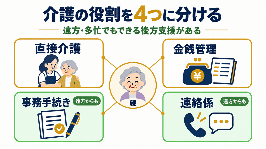 介護の役割を直接介護・金銭管理・事務・連絡の4つに分けた役割マップ図解