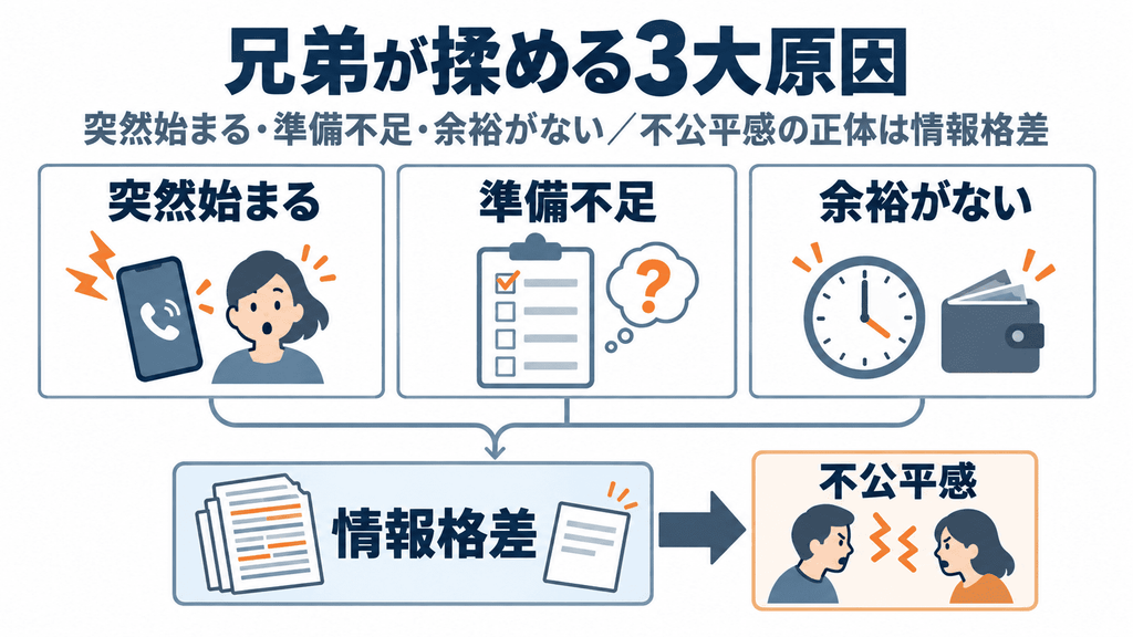 兄弟が介護で揉める3つの原因と情報格差による不公平感を示した図解