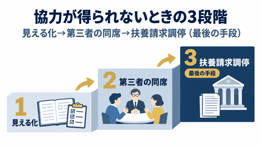 協力しない兄弟への対処を見える化・第三者・調停の3段階で示した階段図