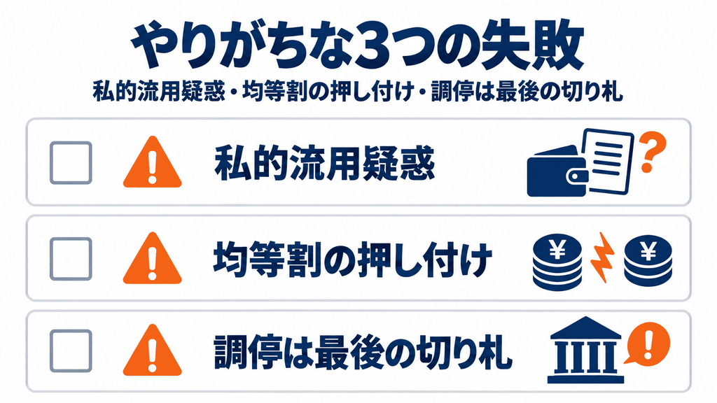 兄弟間の費用・役割調整でやりがちな3つの失敗を警告マーク付きで示した図解