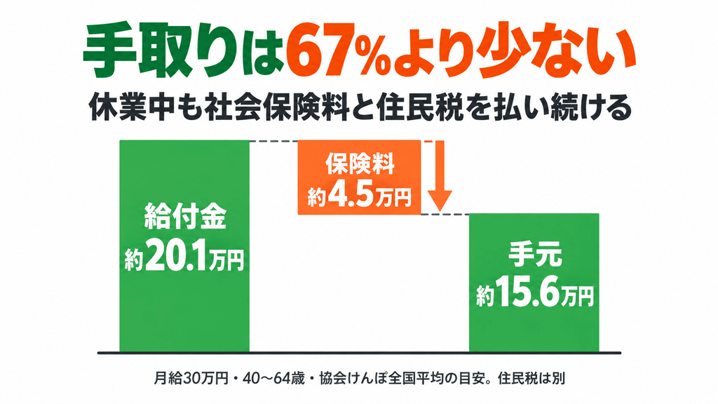 月約20.1万円の給付から保険料約4.5万円を払うと手元は約15.6万円になることを示す階段グラフ