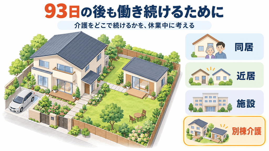 母屋の庭に介護専用ハウス(別棟)を置いた敷地の俯瞰イラストと、同居・近居・施設・別棟介護の4つの住まいの選択肢