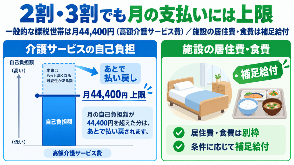 高額介護サービス費で介護サービスの自己負担に月の上限があり、施設の居住費・食費は補足給付で軽くなることを示す図